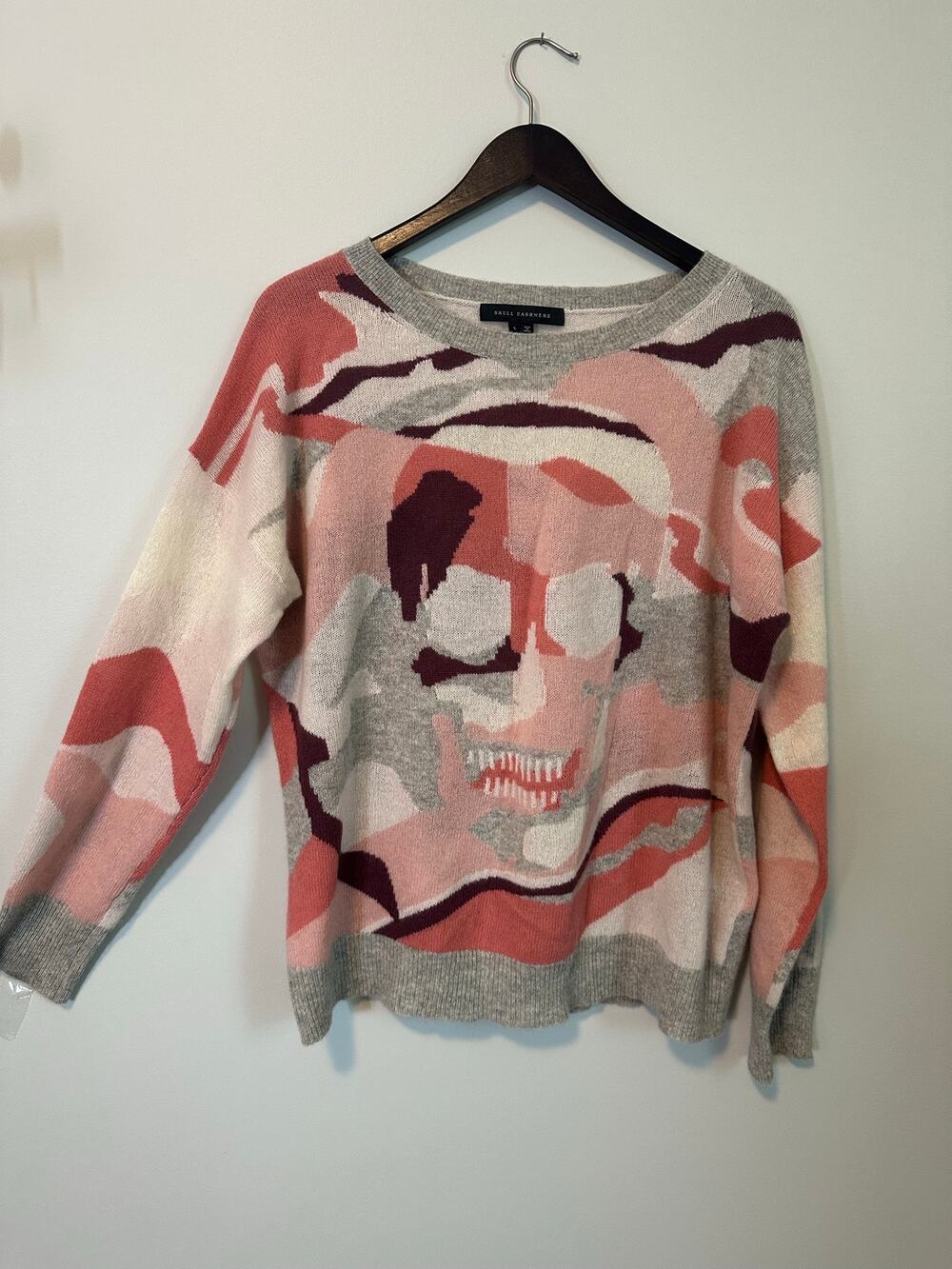 Skull Cashmere L 100% Cashmere Sweater Abstract Graphic Pink Gray Artsy